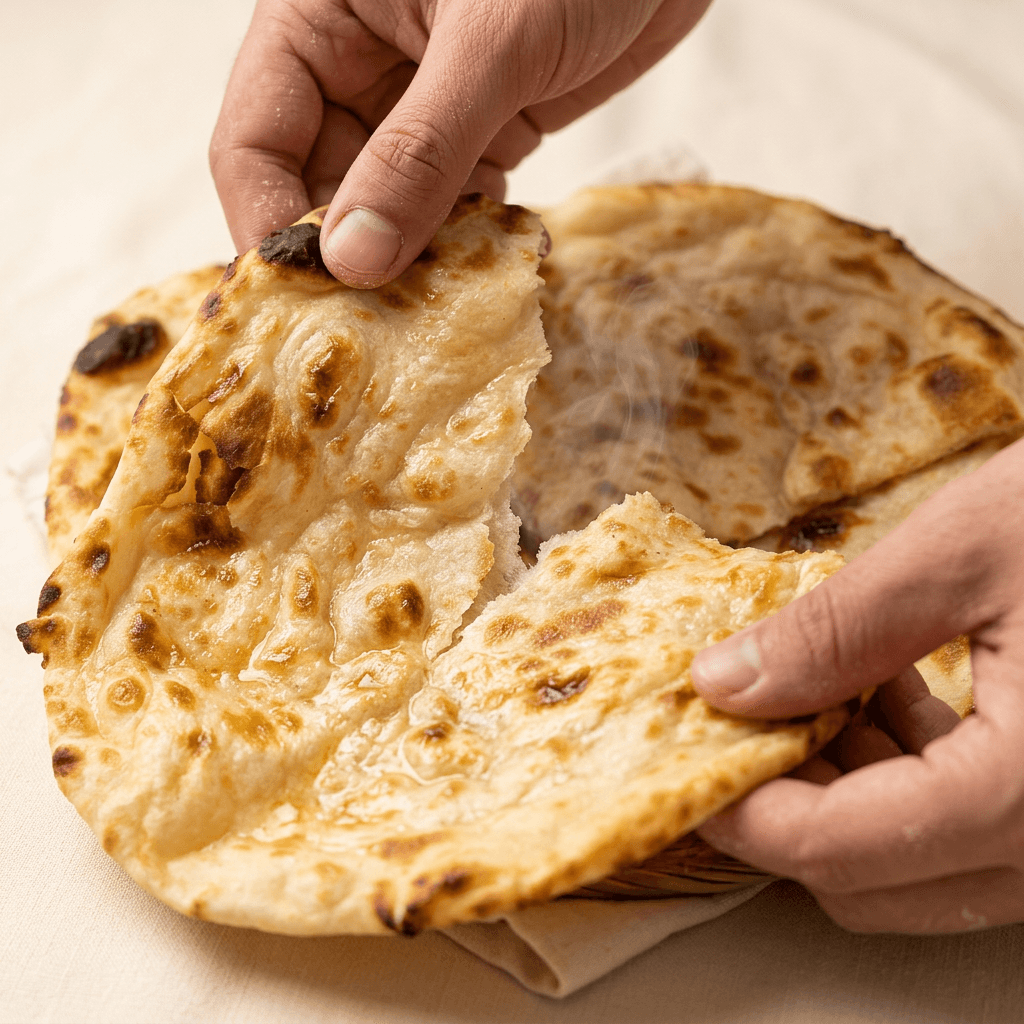 Hands tearing a piece of Tikka Drive butter naan with steam rising