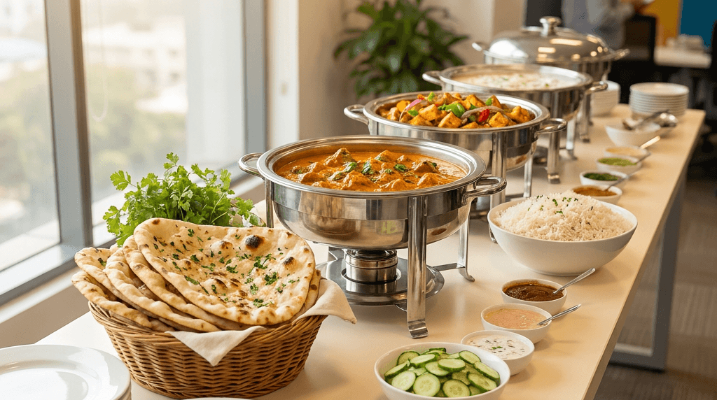 Indian buffet line with chafing dishes and naan catered by Tikka Drive Chandler