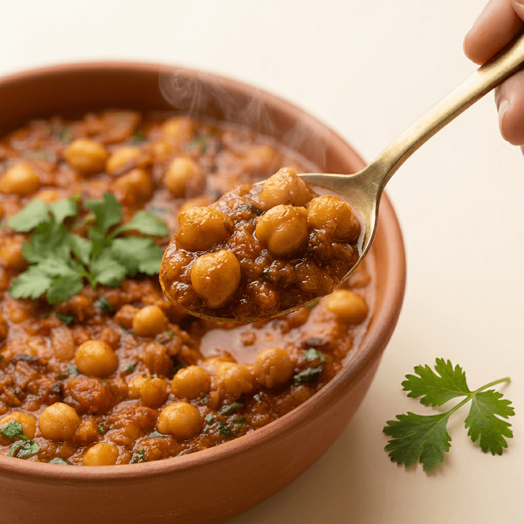 Tikka Drive vegan chana masala close-up with a spoonful of tender chickpeas