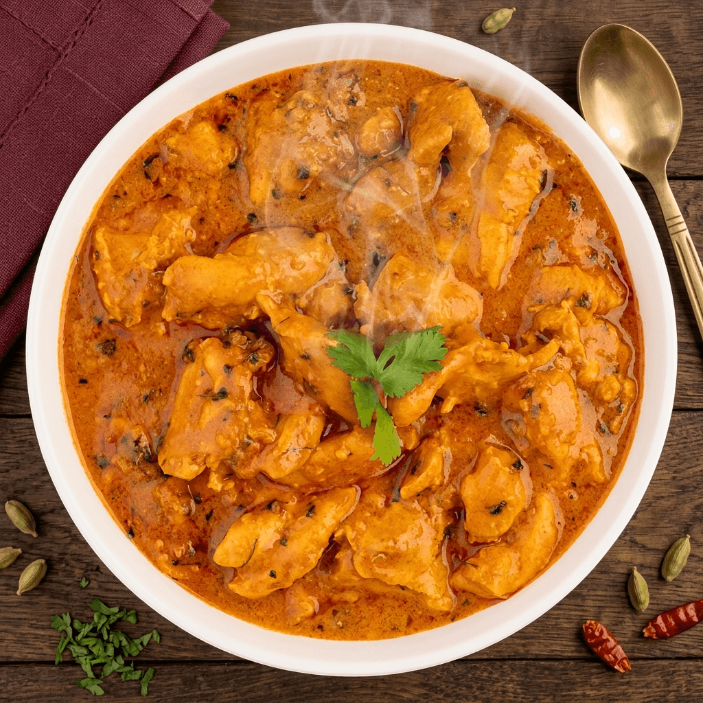 Tikka Drive dairy-free chicken curry close-up with brass spoon and whole spices