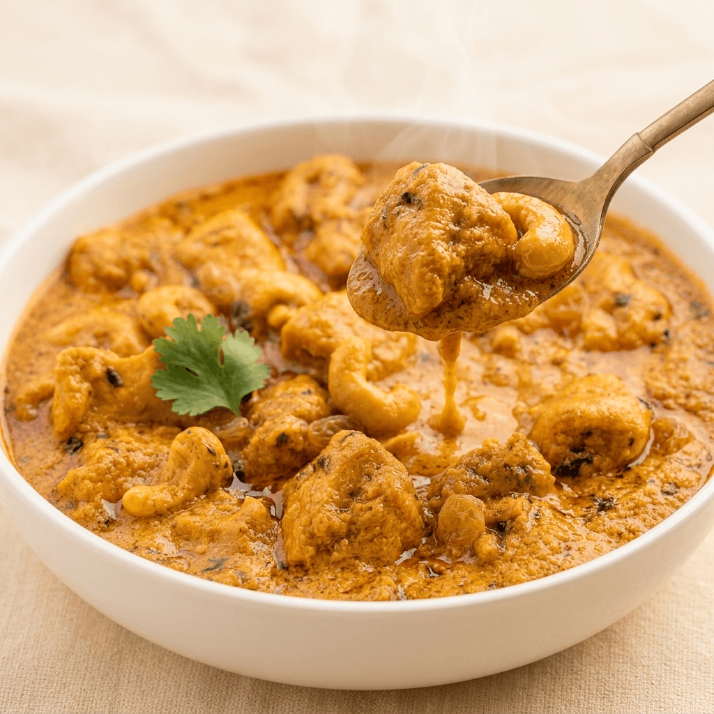 Tikka Drive chicken korma close-up with a brass spoon lifting tender chicken in cashew cream sauce