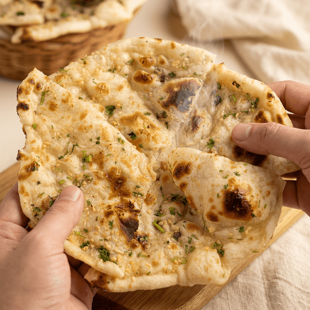 Hands tearing a piece of Tikka Drive garlic naan with steam rising from the fresh bread