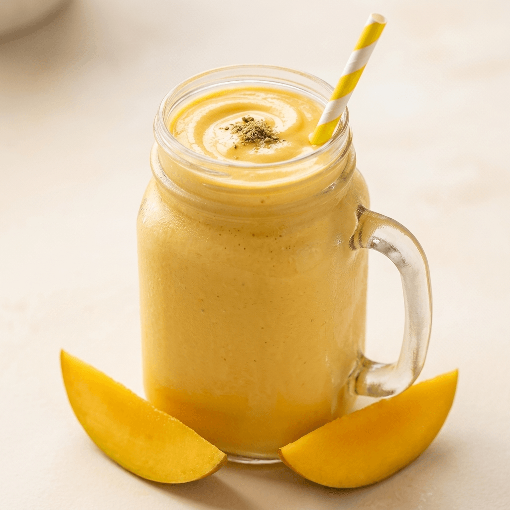 Close-up of Tikka Drive mango lassi with real mango slices and no food dye