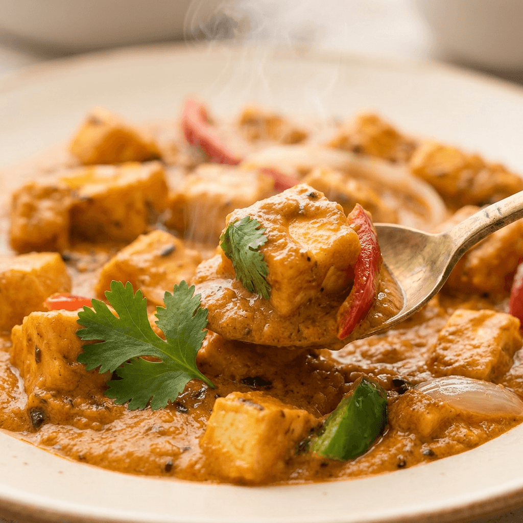 Tikka Drive paneer tikka masala close-up with a brass spoon lifting a soft paneer cube