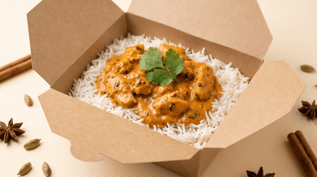 Tikka Box with butter chicken over basmati rice from Tikka Drive Chandler