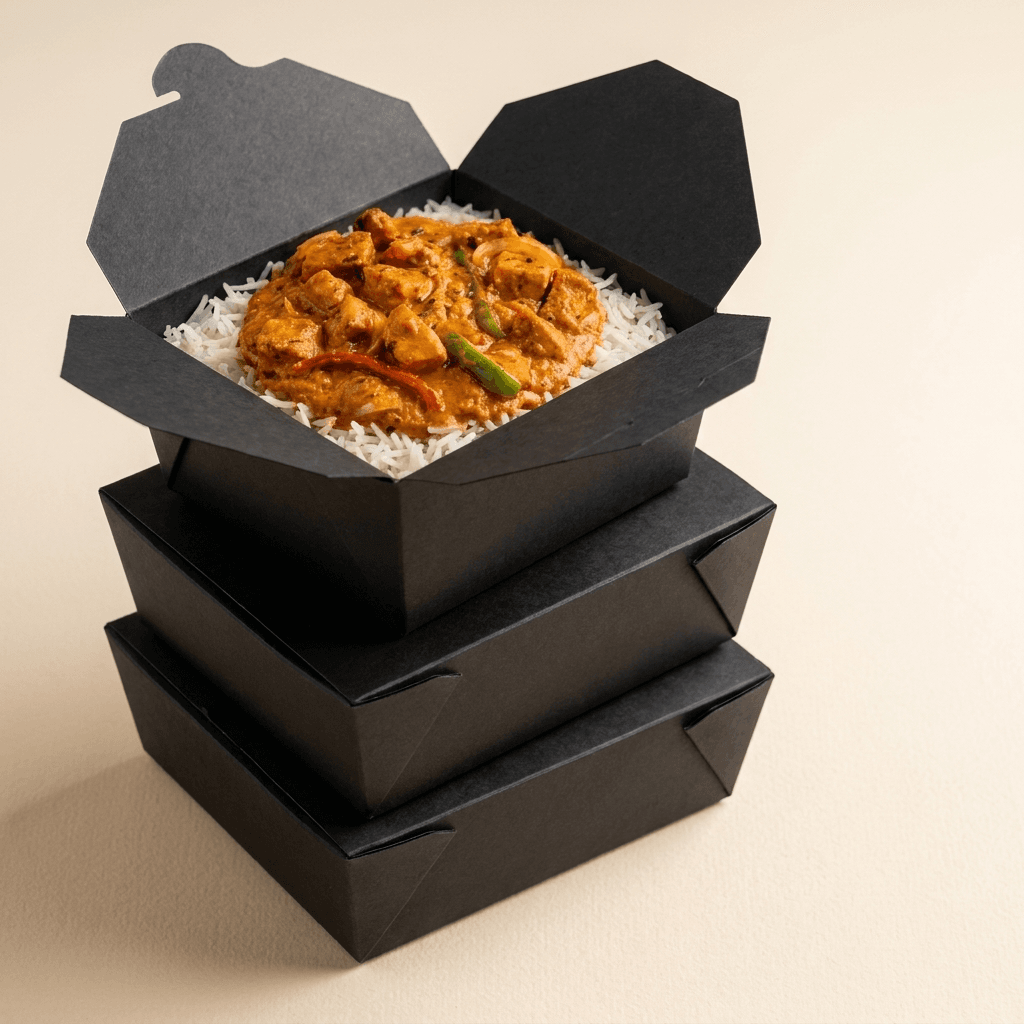 Stack of Tikka Drive meal boxes with chicken tikka masala over rice for office catering
